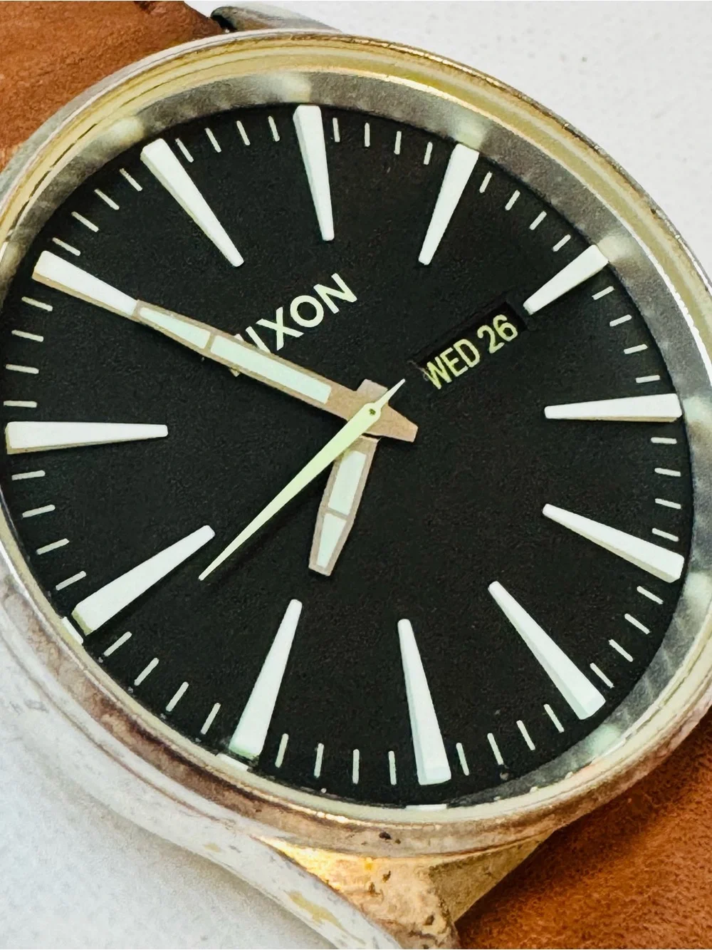 Nixon The Sentry 42mm Men's Day/Date Watch Silver Brown Leather Black Dial